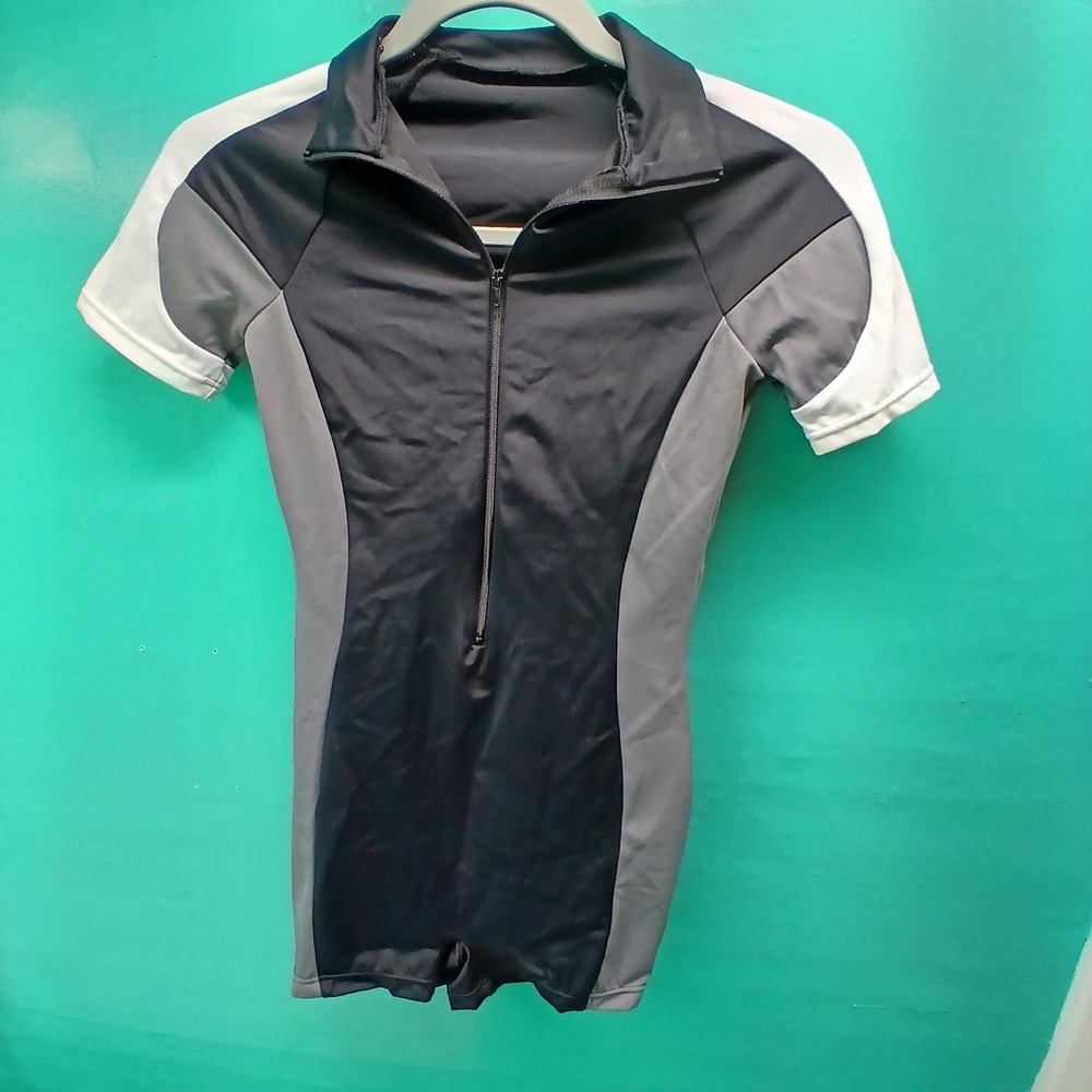 Balera Biketard SA Black Grey Colorblock Mock Neck Quarter Zip Dancewear